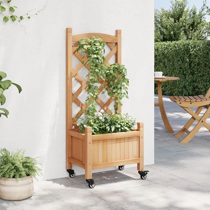 Wood Planter Box with Trellis and Wheel Outdoor Raised Garden Bed for Climbing Plants Free-Standing Trellis Planter Box 15.7x11.8x38.4 Brown Solid Wood Fir