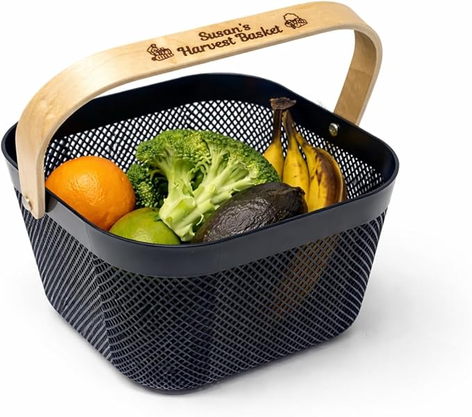 Harvest Basket Plastic Mesh Garden Hod with Personalized Bamboo Handle – Lightweight Vegetable Harvest Basket for Gardening Washing and Carrying Produce