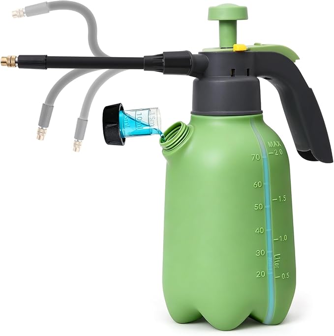 T4U 1/2 Gallon Pump Sprayer with Flexible Adjustable Nozzle PP Hand Pump Pressure Sprayer with Built-in Measuring Cup for Home Garden Plant Care and Household Cleaning Indoor &amp Outdoor Use