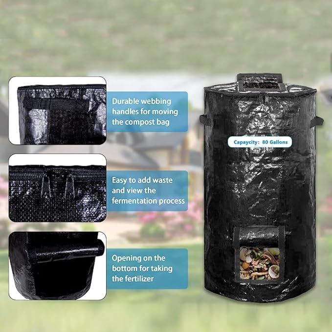80 Gallon Compost Bin Bag for Outdoor Plastic Composting Bin with Zipper Lid and Handles Garden Kitchen Food Waste Lawn Leaf Reusable Compost Bag Friendly Organic Waste Collector ((2 PCS) Black)
