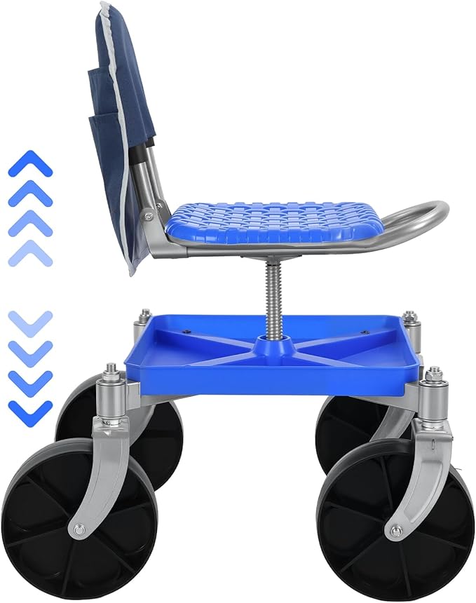 Height Adjustable Rolling Garden Work Seat with Storage - Heavy Duty Mobile Stool &amp Tool Cart 330 lbs Capacity for Yard Patio &amp Seniors Blue