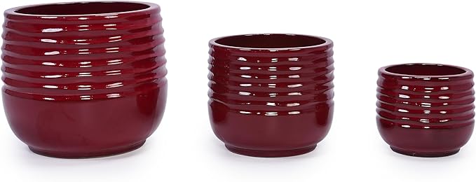 Handmade Glazed Ceramic Planter Set of 3 15118 Inch Diameter Horizontal Groove Pattern for Succulents Flowering Plants Outdoor G Indoor Staircase Bookshelf Use Breathable Clay Deep Red