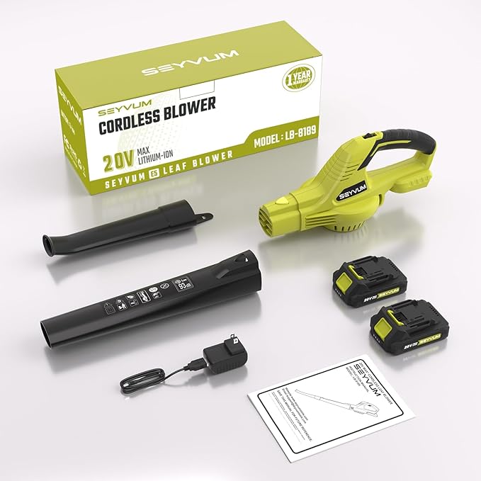 SEYVUM Leaf Blower 20V Cordless Blower with 2 x 2.0Ah Battery Electric Leaf Blowers for Lawn Care 320 CFM 150 MPH Battery Powered Leaf Blower for Patio Garden Cleaning Light Lemon Green