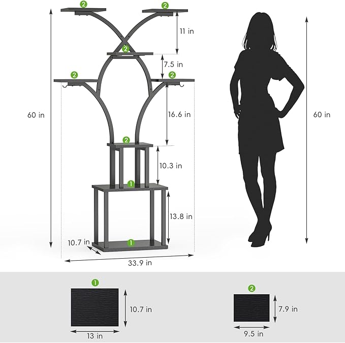 Elbourn Plant Stand Indoor with Grow Lights - 60 Tall Metal Plant Shelf for Multiple Plants 8 Tiered Corner Plant Stands for Indoor Plants X - Shaped Decorative Rack for Home Living Room &amp Pat