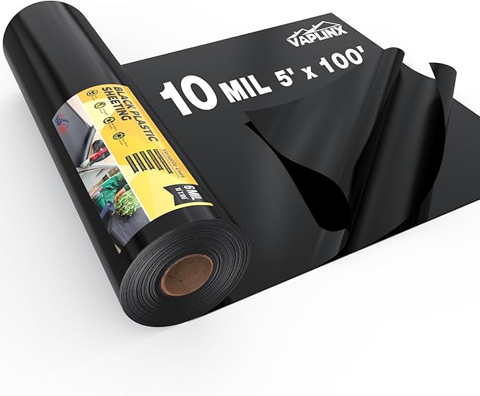 10 Mil Black Plastic Sheeting 5x100 FT – Heavy Duty Polyethylene Plastic Rolls for Garden Black Plastic Rolls for Crawl Space Vapor Barrier Construction Landscaping Weed and Moisture Control
