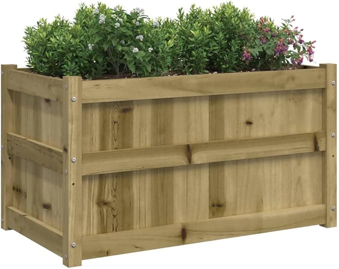 Garden Planter Set of 2 Brown Vacuum Pressure Treated Pinewood 35.4x35.4x19.7 Inch Rectangular Raised Garden Beds Outdoor for Flowers Herbs Vegetables
