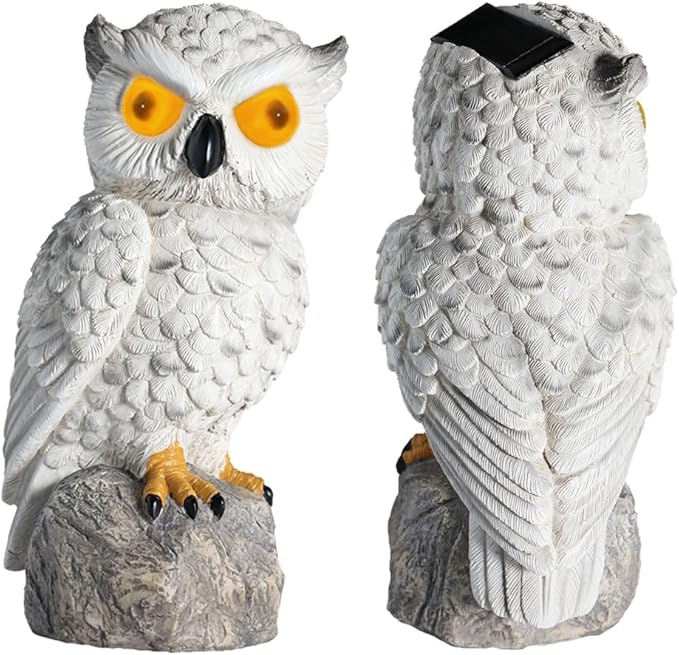 1 KINGO Fake Owl Decoy with LED Eyes &amp Ultrasonic Deterrent Scarecrow Owl Decoys to Scare Birds Away Bird Deterrents for Outside Solar Powered Bird Repellent Devices Outdoor Resin Garden Statu