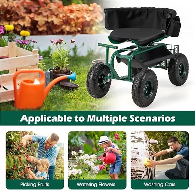 ERGOMASTER Garden Cart Rolling Workseat with Wheels2 Steering Handles360 Degree Swivel Seat &amp Tool Storage Use for Patio Yard and Outdoors Workseat Green