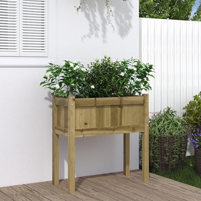 Garden Planter Box Natural Solid Pine Wood 27.6x27.6x27.6 in Weather-Resistant Raised Garden Bed for Outdoor Plants Balcony Patio