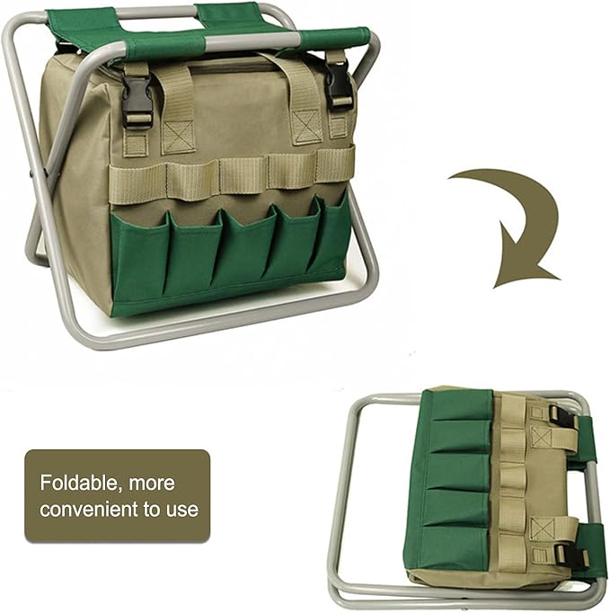 Folding Garden Stool Garden Kneeler Seat Sturdy Stainless Steel Tools Folding Stool Detachable Canvas Tool Bag