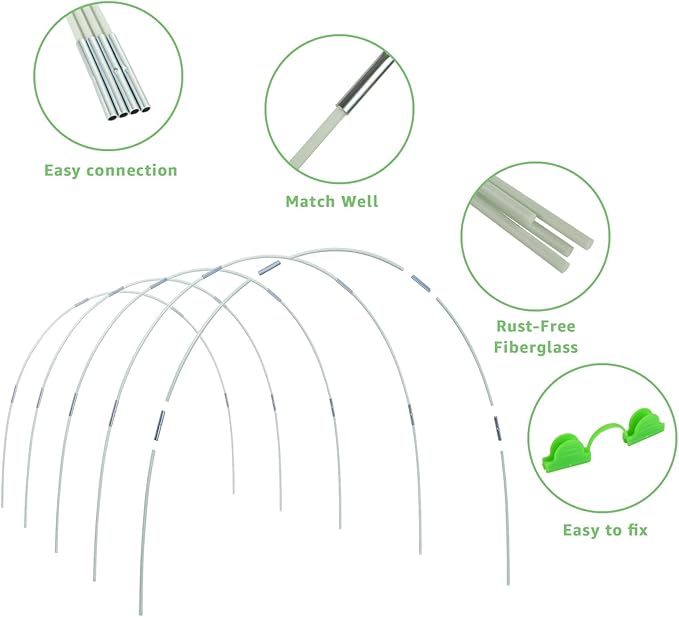 72 Pcs Garden Hoops for Raised Beds 12 Sets of 8 Ft Long Greenhouse Hoops Grow Tunnel Rust-Free Fiberglass Support Hoops Frame for Netting DIY Plant Support Garden Stakes for Row Cover