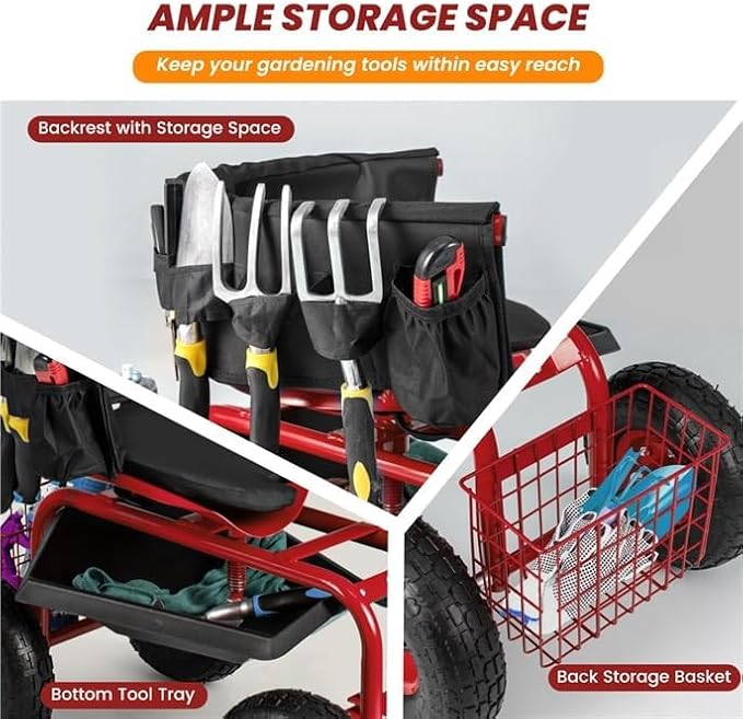 ERGOMASTER Garden Seat with Wheels Outdoor Gardening Wagon Scooter 2 Steering Handles 360° Swivel Workseat &amp Tool Storage Use for Patio Yard Lawn Red