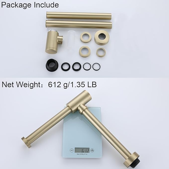 RANDOM Brass Round Bottle P-Trap 1 1/4Raise and Lengthen Adjustable Basin Sink Waste Drain Trap KitBrushed Gold.RD-83888BG-L