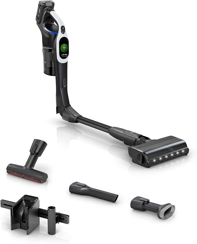 Bosch Unlimited 10 Cordless Stick Vacuum Cleaner - Up to 80 Min Battery Pet Hair Hard Floors Carpets HEPA Filter Bendable Tube for Under Furniture Upholstery 3 Accessories White