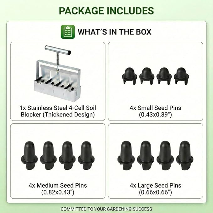 Soil Blocker 4 Cell 2 Inch – Heavy Duty Stainless Steel Soil Block Maker with Ergonomic Handle &amp 3 Size Seed Pins – Handheld Soil Blocker for Seed Starting Greenhouse Garden Tools