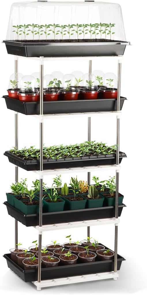 5 Layer Seed Starter Tray Plant Stand Storage for Nursery Pot Seedling Cell Tray Container Indoor/Outdoor Plant Rack Holder (White)