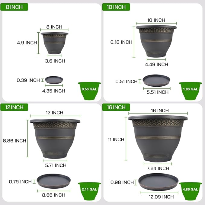 4 Pack 16 Inch Large Plant Pots Plastic Flower Pot for Indoor &amp Outdoor with Drainage Holes &amp Saucer Plaid Pattern Planters Garden Pots for Herbs Gold
