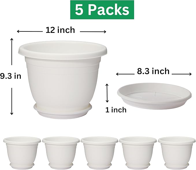5 Packs 12 inch Flower Pots + Saucer Planters for Indoor &amp Outdoor Plants with Drainage Holes | Plastic Flower Pots Large Planter (White 12 inch)