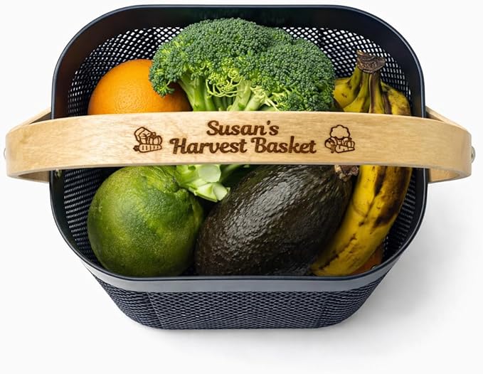 Harvest Basket Plastic Mesh Garden Hod with Personalized Bamboo Handle – Lightweight Vegetable Harvest Basket for Gardening Washing and Carrying Produce