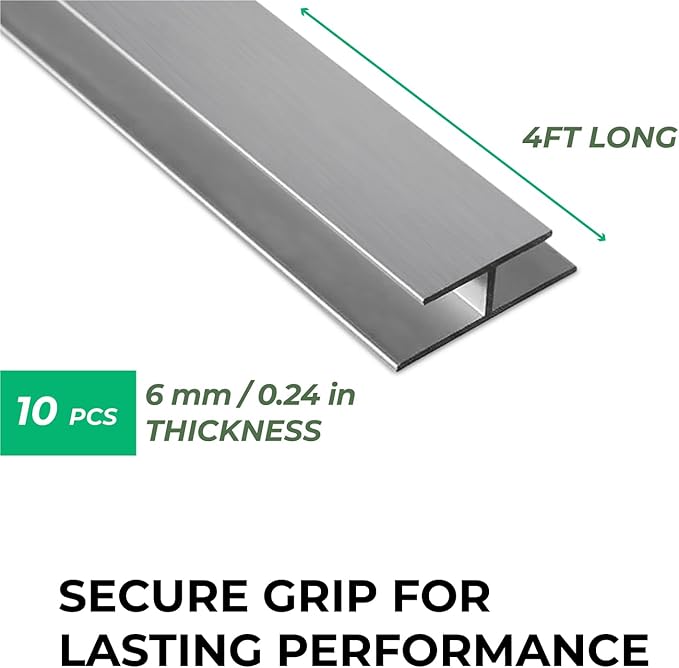 Aluminum H Connectors - Fits 4mm 6mm 8mm or 10mm Twin-Wall Greenhouse Panels Join 2 Pieces of Panels Together 4-Foot Length 10 Pieces (6mm Aluminum H Connectors)