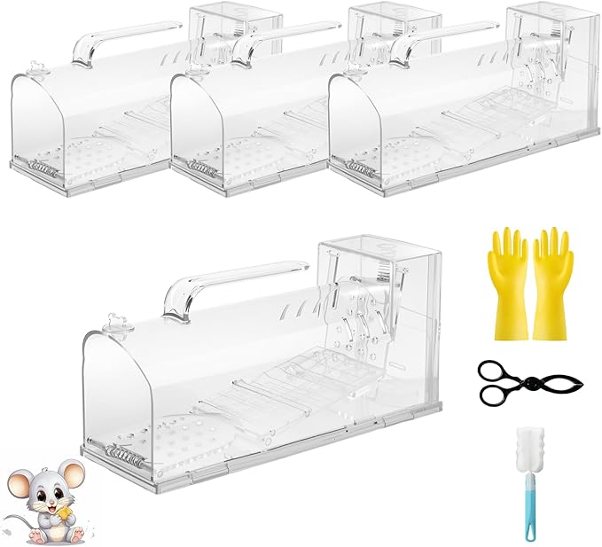 2025 Humane Mouse TrapSensitive Catch and Release Mouse Trap Indoor/Outdoor4Pack Reusable Mice Trap Non Killer for RatNo Touch ReleaseSmall Rodent Capture Cage Includes Cleaning BrushClipsGloves