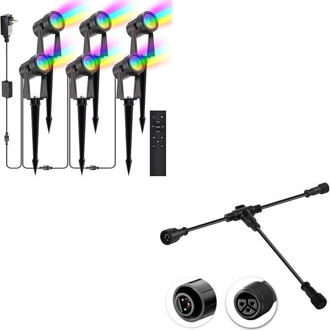 SUNTHIN 6 Pack RGB Color Changing Spot Uplights with Remote &amp 9.8FT T Shape Tee Extension Cord
