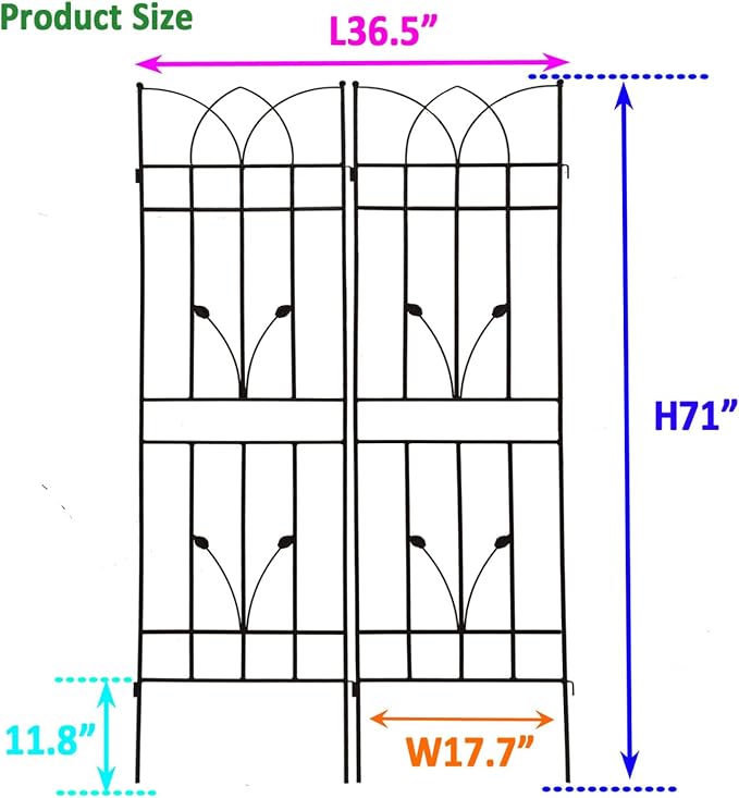 Dawn 2 Pack Metal Garden Trellis 71 x 17.7 Rustproof Trellis for Climbing Plants Outdoor Flower Support Black