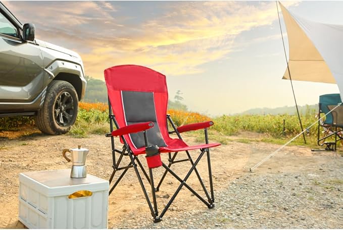 High Back Heavy Duty Lawn Chair Support 250LBS Portable Collapsible Chair with Cup Holder (Red + Steel)