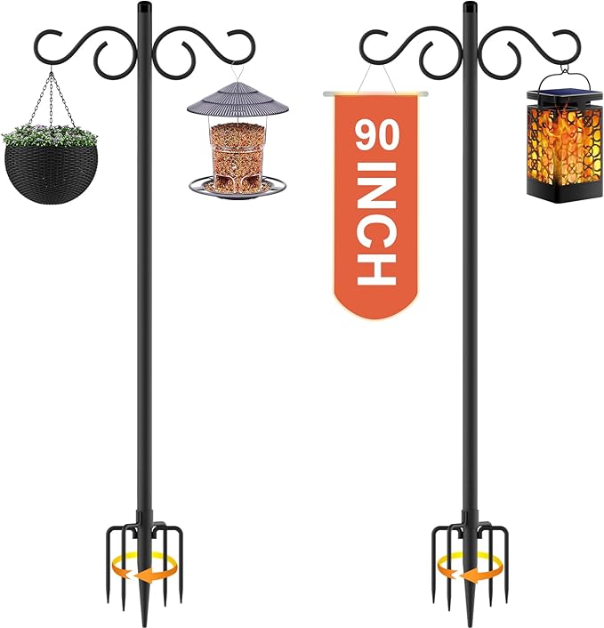 Double Shepherds Hooks for Outdoor2 Pack 90 Inch Bird Feeder Pole with 5 Prongs BaseHeavy Duty Shepherds HookSuitable for Garden in Hanging Flower BasketLanternBird Nests (90 Inch)