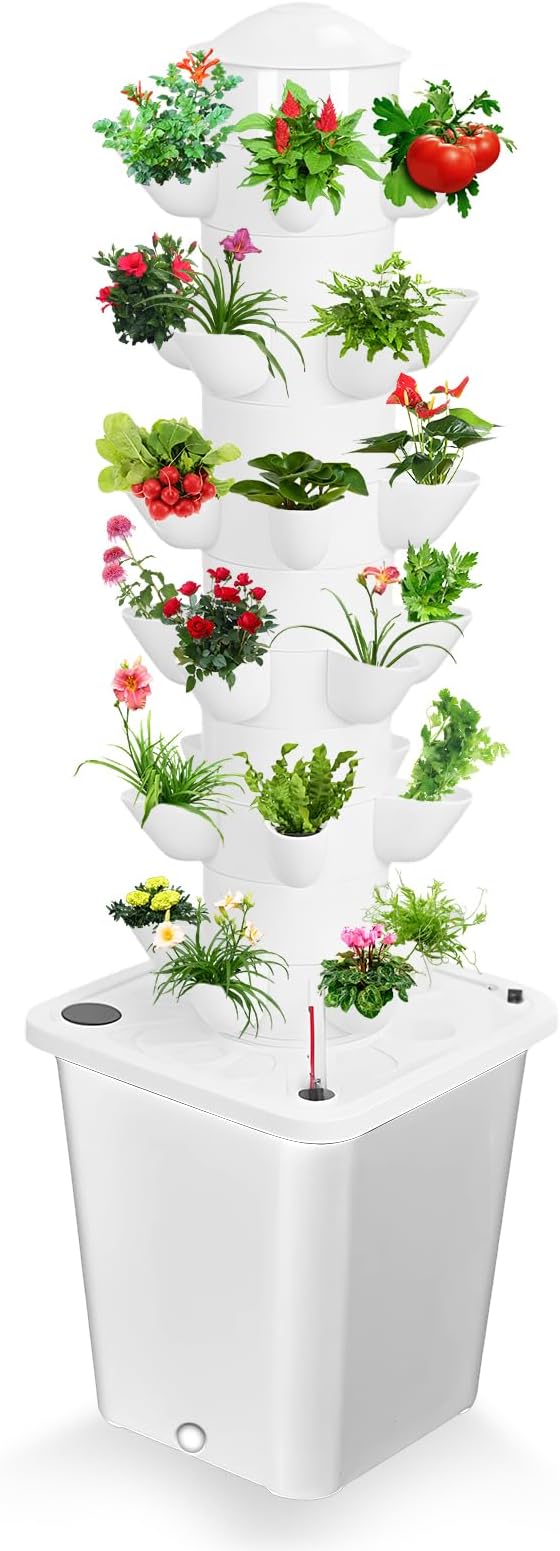 Hydroponic Tower Hydroponics Growing System Kit 6 Layers 30 Pods Vertical Planter Tower with 10L Tank Indoor Outdoor Hydroponic Grow System for Herb/Strawberry/Vegetable/Flower Planting (White)