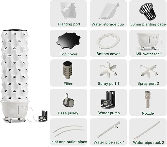 Vertical Hydroponic Grow Tower Aeroponic Tower for Herbs Fruits and Vegetables with Movable Water Tank Hydrating Pump Timer Adapter(Large)