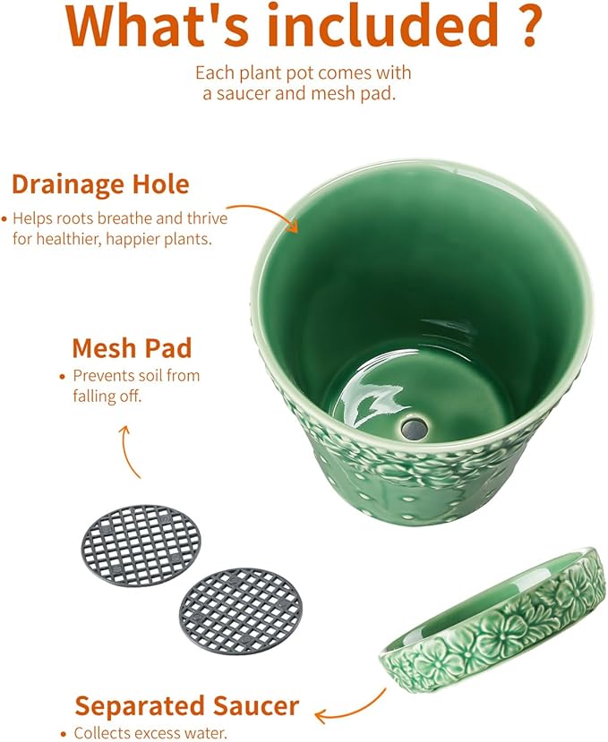Ceramic Plant Pots 3.8+4.9+5.8 Inch Set of 3 Flower Pots with Drainage Hole &amp Saucer Embossed Planter Pots for Indoor Plants Home Decor Green