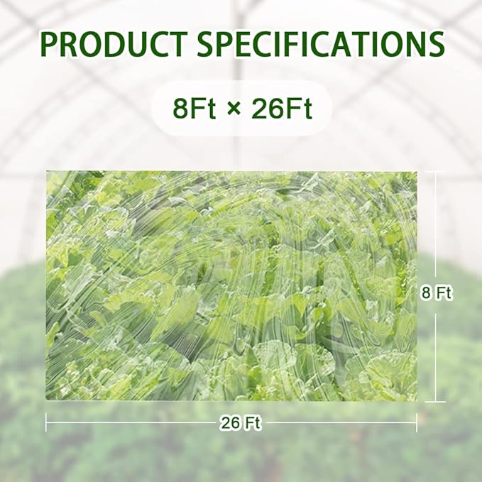 6 mil Greenhouse Plastic Film Sheeting Cover 8 x 26 Ft UV Resistant Clear Polyethylene Film Green House Hoop Farm Plastic Cover for Gardening Farming Agriculture