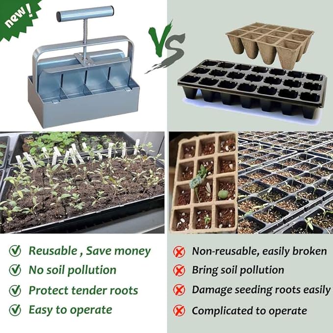 Handheld Soil Blocker Tool Kit - 8 Cell Heavy Duty 2 Inch Soil Block Maker for Seedlings Cuttings Greenhouses and Gardens (Ergonomic Design Durable Metal Construction)