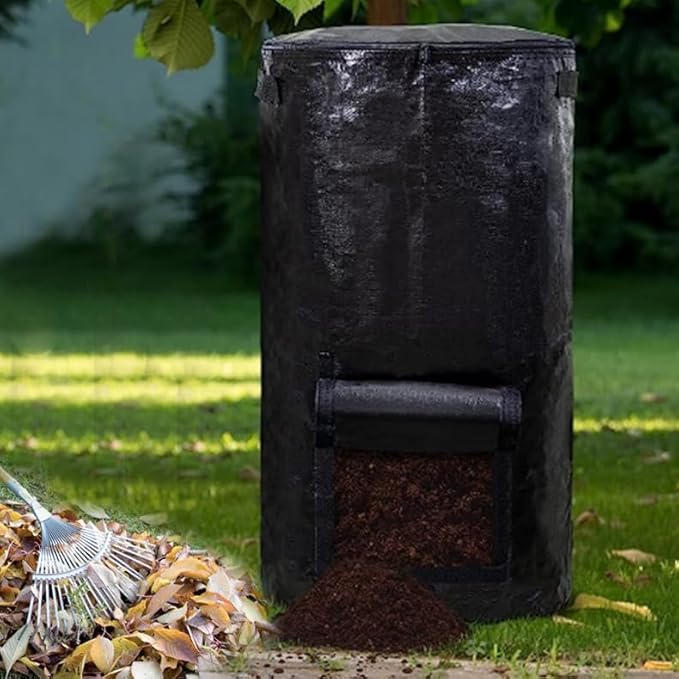 80 Gallon Compost Bin Bag for Outdoor Plastic Composting Bin with Zipper Lid and Handles Garden Kitchen Food Waste Lawn Leaf Reusable Compost Bag Friendly Organic Waste Collector ((2 PCS) Black)