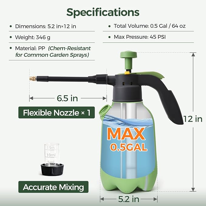 T4U 1/2 Gallon Pump Sprayer with Flexible Adjustable Nozzle PP Hand Pump Pressure Sprayer with Built-in Measuring Cup for Home Garden Plant Care and Household Cleaning Indoor &amp Outdoor Use