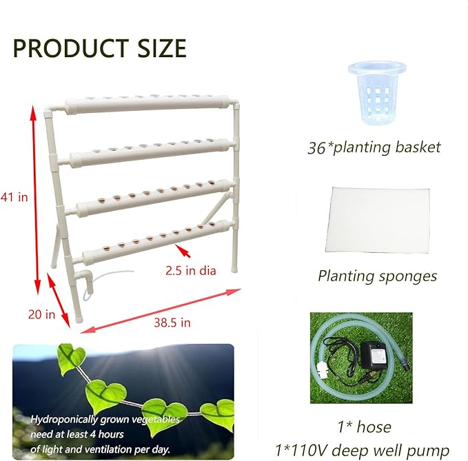 INTBUYING Hydroponics Growing System 36 Holes 4 Pipes 4 Layer Plant Site Grow Kit Hydroponics Gardending System Ladder Style Inner Set Hose with Water Pump Nest Basket and Sponge