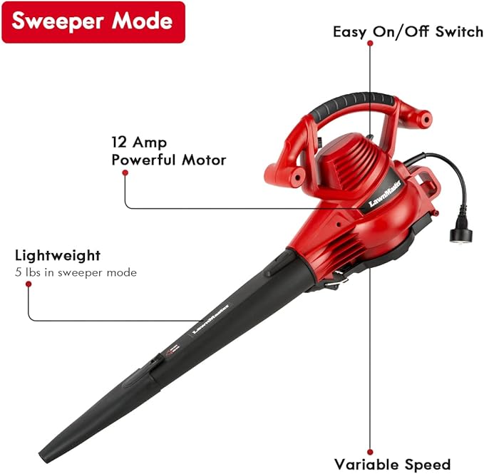 LawnMaster Red Edition BV1210E 1201 Electric Blower Vacuum Mulcher 12 Amp Variable Speed with Metal Impeller 240 MPH 380 CFM 16:1 Mulch Ratio