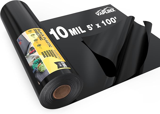 10 Mil Black Plastic Sheeting 5x100 FT – UV Protection Poly Sheeting Polyethylene Film Black Plastic Rolls for Garden Crawl Space Vapor Barrier Construction Landscaping Weed Moisture Control