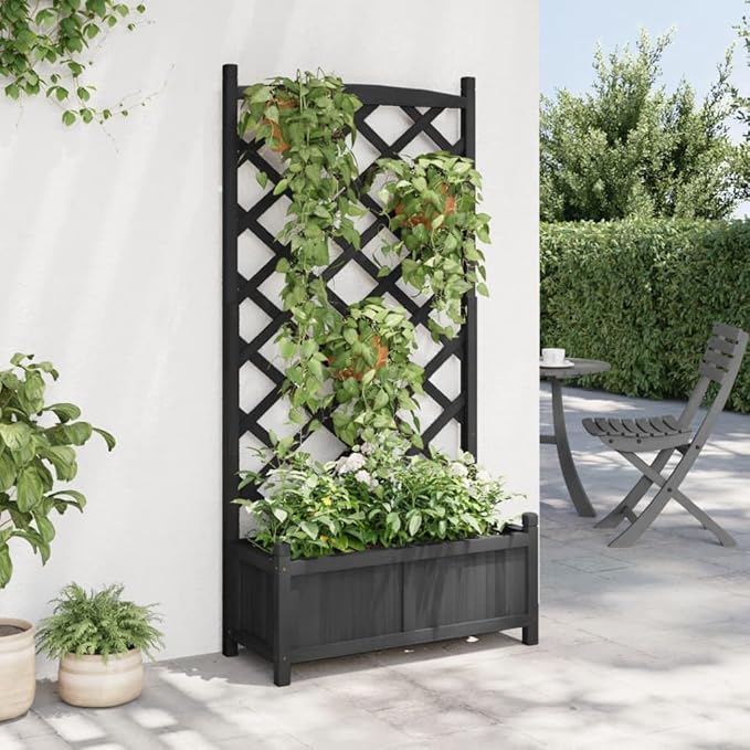 Solid Wood Garden Planter with Trellis Wood Raised Garden Bed Planter with Trellis Outdoor Garden Box for Climbing Plants Black Solid Wood Fir-770