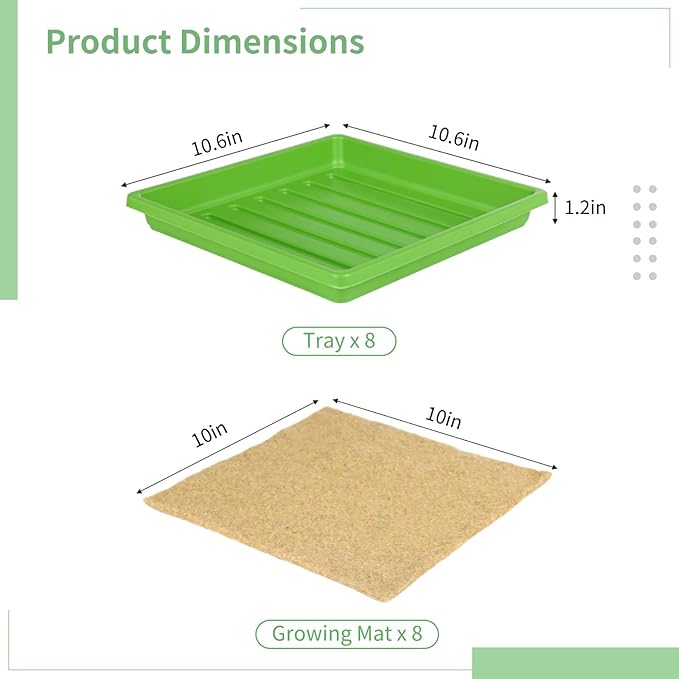 16-Piece Indoor Hydroponic Microgreens Kit 8 Reusable Trays and 8 10X10 High Absorbency Jute Grow Mats