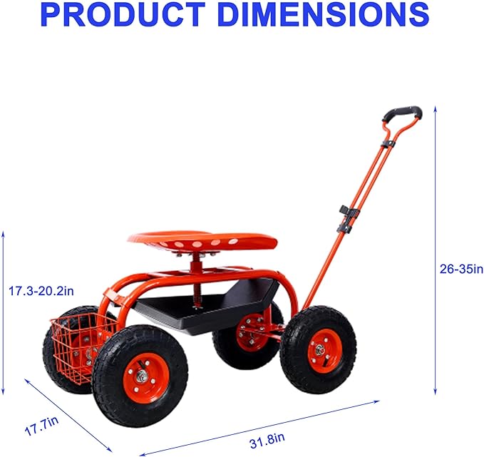 Garden Seat with Wheels Rolling Gardening Stool with 360° Swivel Seat for Seniors Rolling Trolley Stools with Steering Handle &amp Utility Tray for Backyard Lawn Outdoors