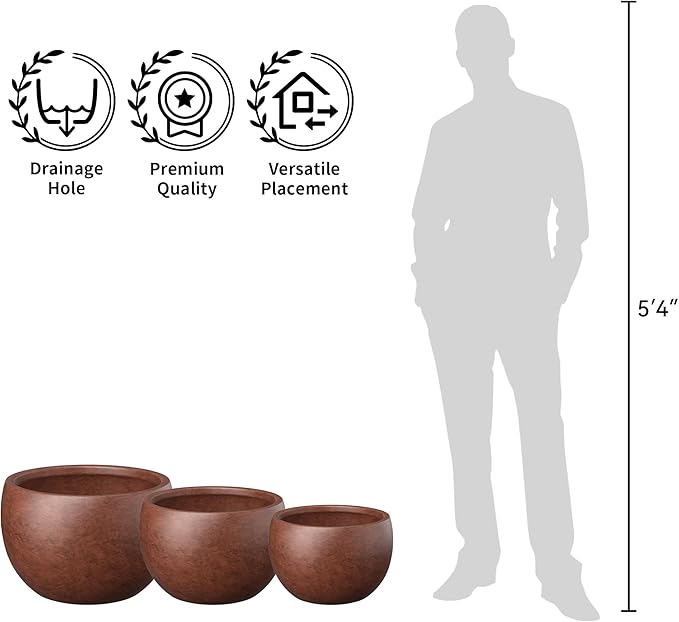 Kante 19.915.711.8 Dia Round Concrete Planter Set of 3 Outdoor/Indoor Large Bowl Plant Pots with Drainage Hole and Rubber Plug for Garden Patio Balcony Home Rusty