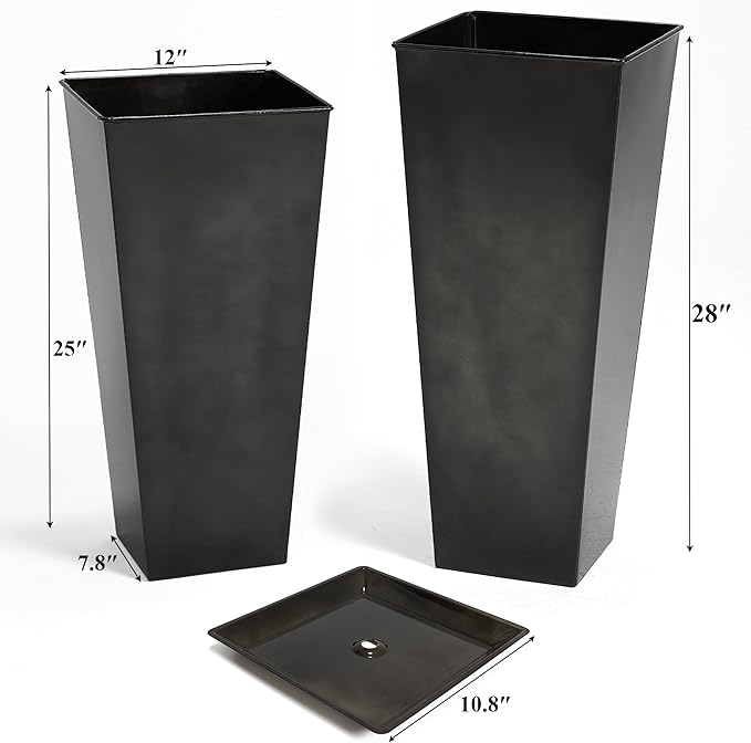 Worth Garden Large Metal Glazed Planter Set of 2 (25 + 28) Luxurious Glossy Finish Black Tall Square Tapered Steel Plant Pot Decor Flower Pot Indoor &amp Outdoor Drainage Hole &amp Dual-Purpose