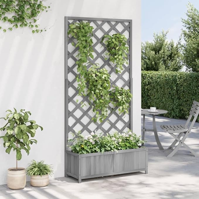 Wood Planter with Trellis Outdoor Raised Garden Bed with Trellis Wooden Planter Box for Climbing Plants 35.4x13.8x70.9 Gray Solid Wood Fir