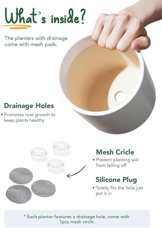 LE TAUCI Ceramic Pots for Plants 10/8/6 Inch Indoor Planters with Draiange Hole Silicone Plug &amp Mesh Pad Modern Minimalist Pots for Home Office Set of 3 Satin White