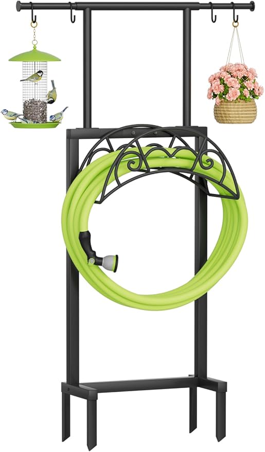 Garden Hose Holder with Telescopic Pole Upgraded Heavy Duty Hose Stand Holds 150ft with 4 Spikes Freestanding Metal Hose Storage and Hanger for Outside Yard Lawn Farm Black