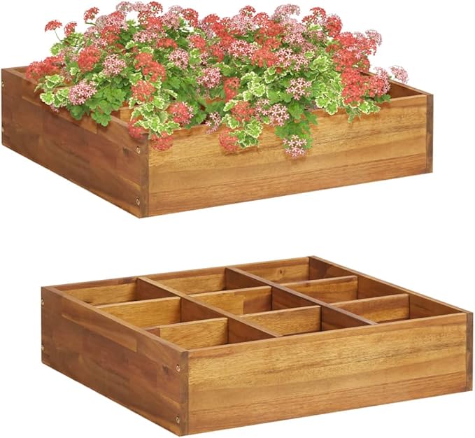 Herb Garden Raised Bed Solid Wood AcaciaRaised Flower BedsGardening PlantersMultifunctional Raised BedPlant Privacy FenceGreenhouse Planterfor GardensPatiosBalconiesTerraces23.6x23.6x5.9