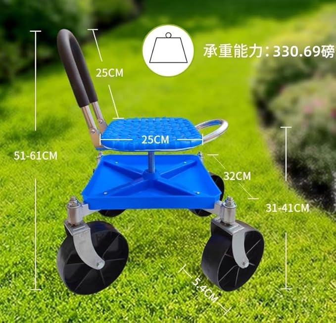 German Craft Garden Rolling Stool with Wheels - Foldable Adjustable Height Gardening BenchGarden Cart Rolling Stool Swivel Seat Outdoorfor Lawn Care Planting Weeding (330lbs Capacity)