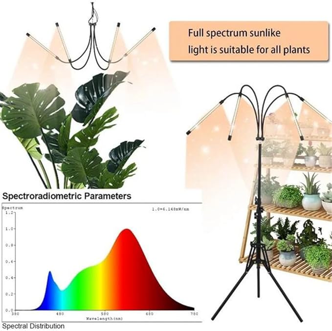 LED Plant Grow Light with Stand LED Grow Light Full Spectrum for Indoor Plants10 Dimmable LevelsTimingAdjustable 15-72 inch. (White)